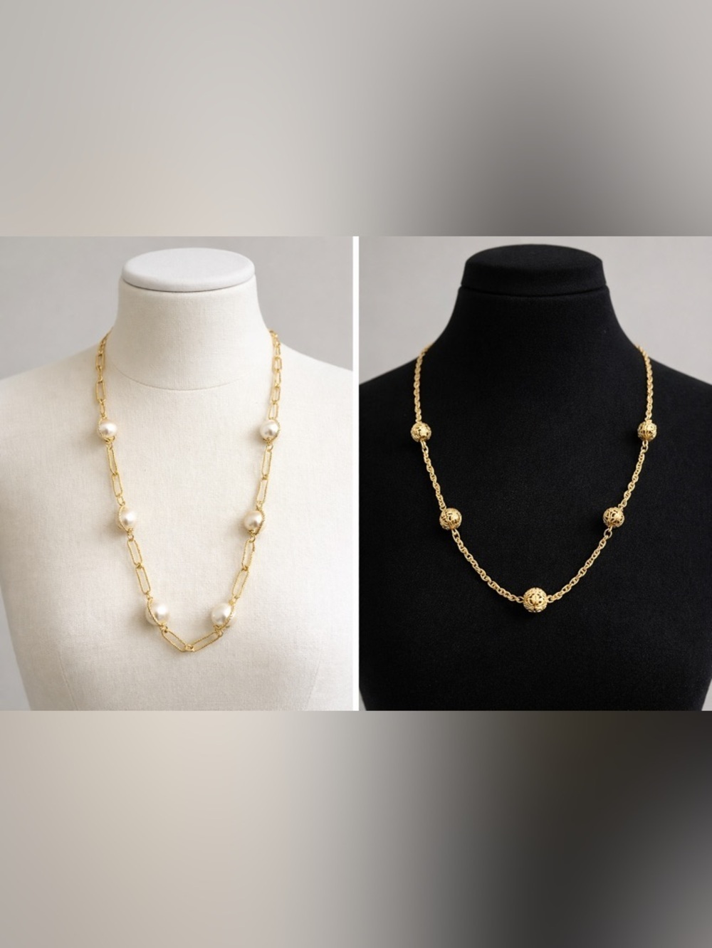 2 Vintage Avon Gold Tone Necklaces Faux Pearl & Filigree Bead